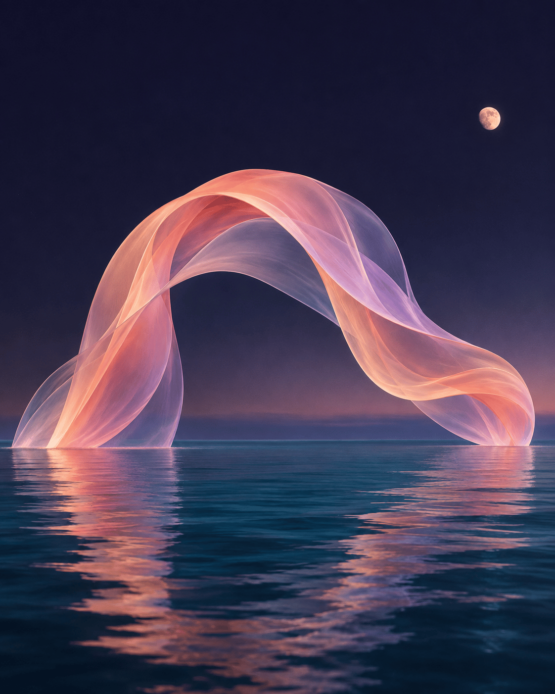 Concept artwork: a translucent peach and lilac ribbon arches over a moonlit blue sea